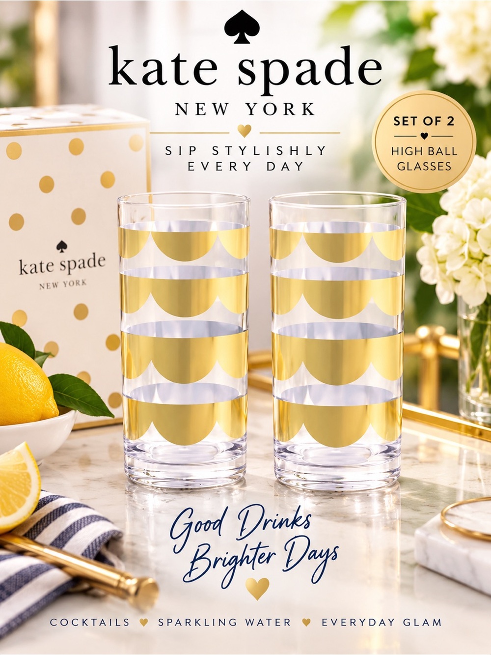 Kate Spade Set of 2 High Ball Glasses | Gold Scalloped Trim | New In Box